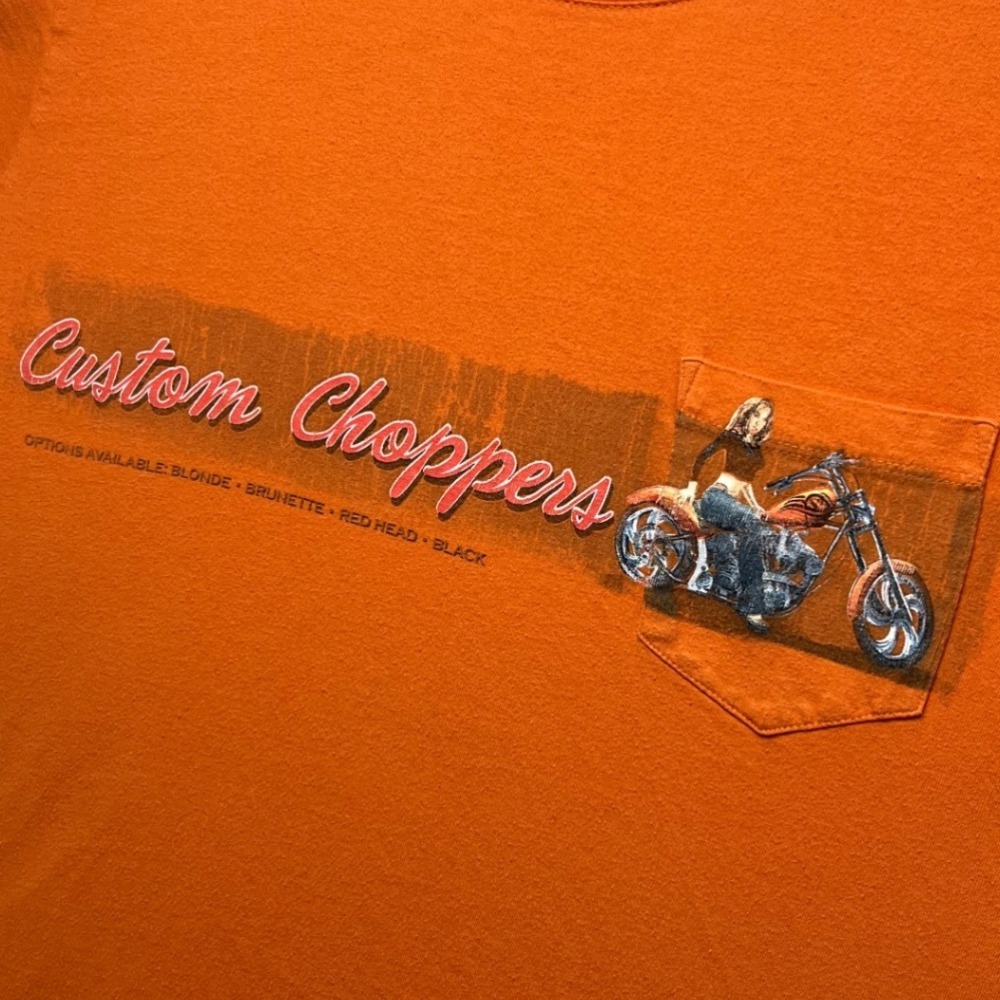 Y2K Retro Custom Choppers Motorcycle Graphic Pocket T Shirt Orange Mens XL